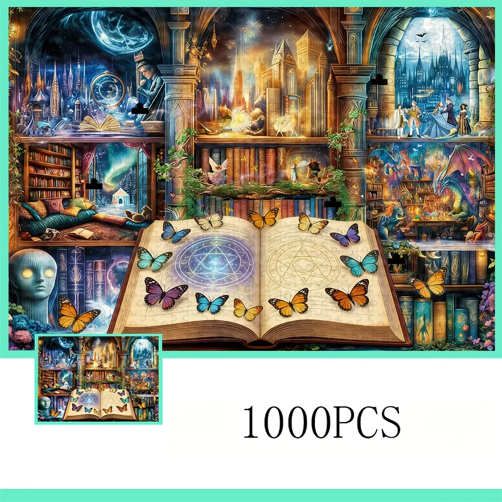 Fantasy Art Jigsaw Puzzle, Magical Library With Butterflies And Open Spellbook, 1000 Pieces, Home Decor & Family Entertainment, Gift For Birthday, Valentine's Day, Mother's Day, Thanksgiving & Easter