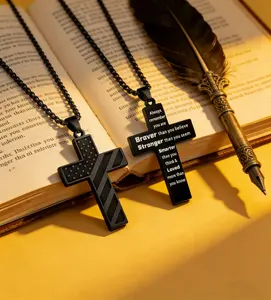 American Flag Cross Inspirational Necklace for Men Teens Boys Stainless Steel Bible Verse Flag USA 250th Anniversary Commemorative Gifts