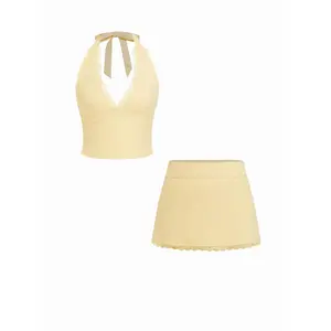 Cider Halter Neck Lace Trim Crop Top & Low Rise A-line Mini Skirt Set