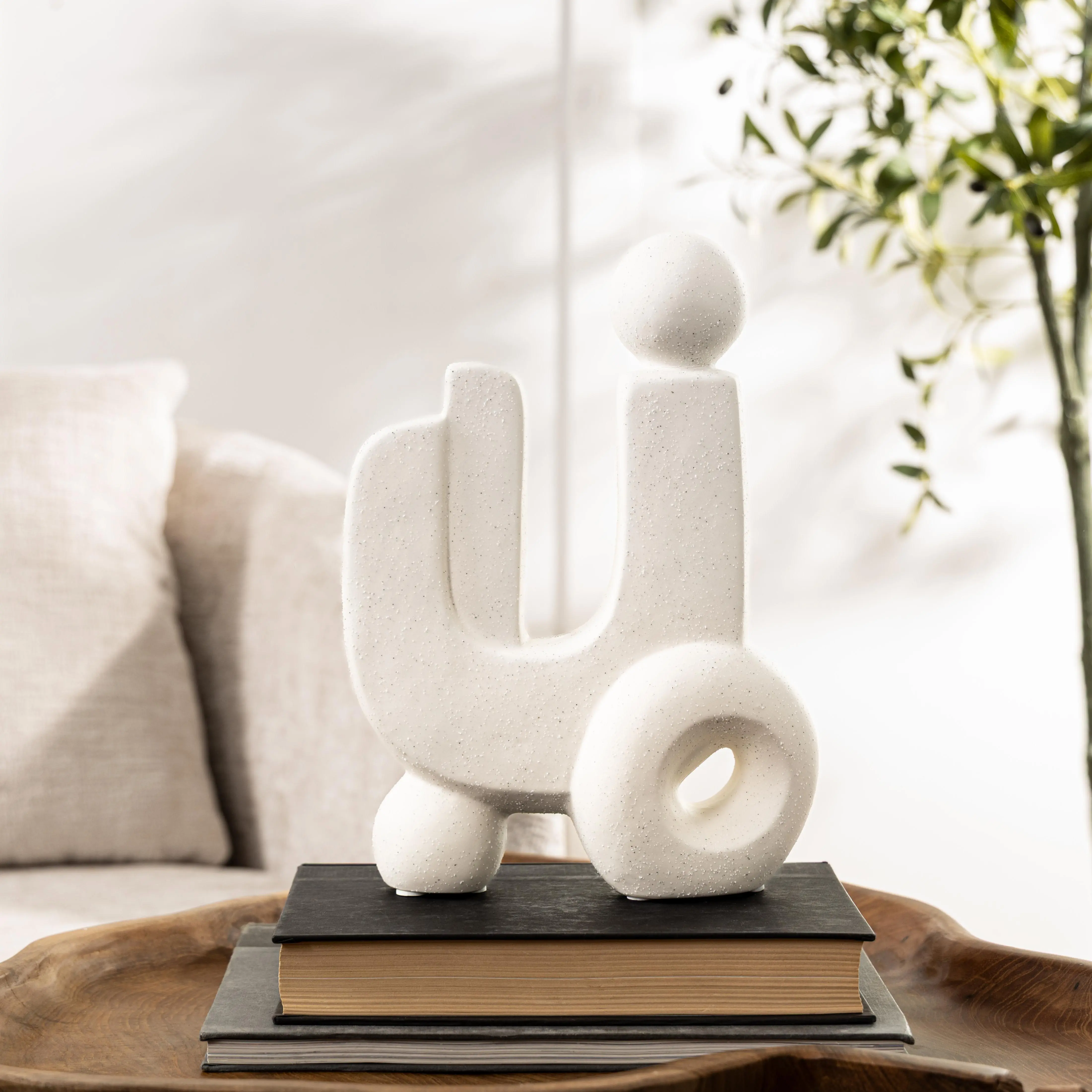 White Porcelain Ceramic Geometric Textured Decorative Sculpture with Black Speckles - 8"x3"x12" Living Room Decor, Decor for Living Room