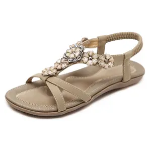 Comfortable Rhinestone Flower Flat Sandals Women's Non - Slip Beach Shoes for Casual Daily Outfits