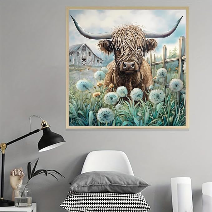 Highland Cow Dandelion Diamond Painting Kit - Farmhouse Rhinestone Art, Full Drill DIY Wall Decor