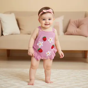 Baby Girl Knit Romper Crochet Flower Strawberry Sleeveless Square Neck Jumpsuit Sweater Bodysuit