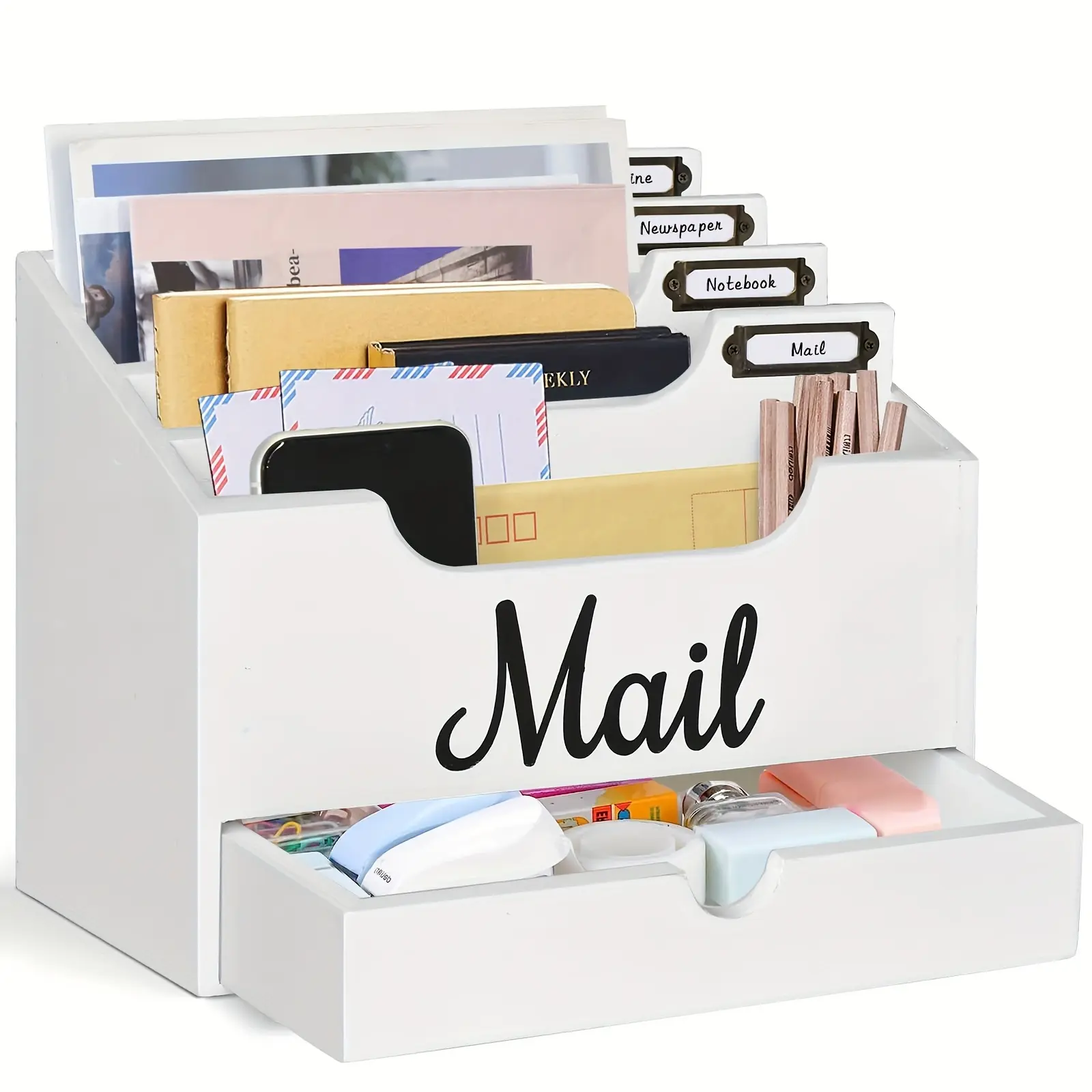 Large wooden desktop mail organizer with 4 compartments and a drawer - solid wood desk organizer suitable for the office, equipped with labelable dividers, can be used to store documents, letters, paper folders, ideal as a gift for students and p