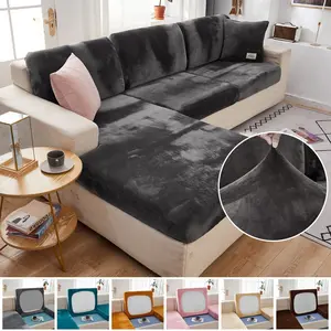 Elasticated Velvet Sofa Seat Cushion Covers Plush Chair Cover Corner Sofa Cover Furniture Seater Sofa Slipcover Couch Protector Elastic Soft Sofa Protector for Living Room