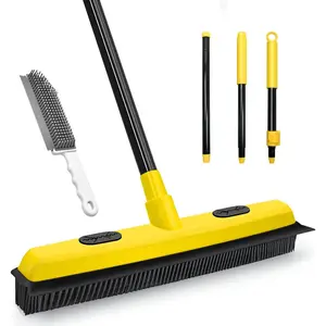 Rubber Broom with ,  Removal 52.8 inches Long Handle, Push  Remover Tool with Portable Detailing Lint Brush for Fluff Carpet, Window, Tile, Hardwood Floor Cleaning (Yellow)