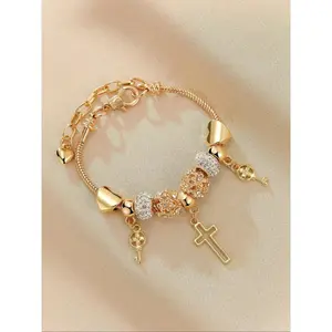 Women's Beaded Bracelet with Cross Pendant Charm, Heart & Floral Design, Perfect Gift for Her, Stylish Jewelry Accessory, Stackable Bracelets