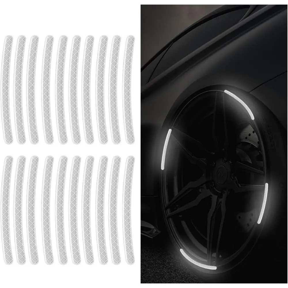 20 PCS Reflective Car Wheel Stripe Stickers - Automotive Car Accessories Decals, Night Safety Warning, Anti-Scratch Rim Decoration for Motorcycles, Bicycles (White)