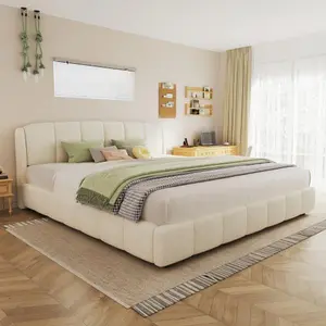 Platform Bed with Boucle Fabric, Soft Boucle Fabric Upholstered Platform bed with Curve-Shaped Design Headboard, Beige, Easy Assembly