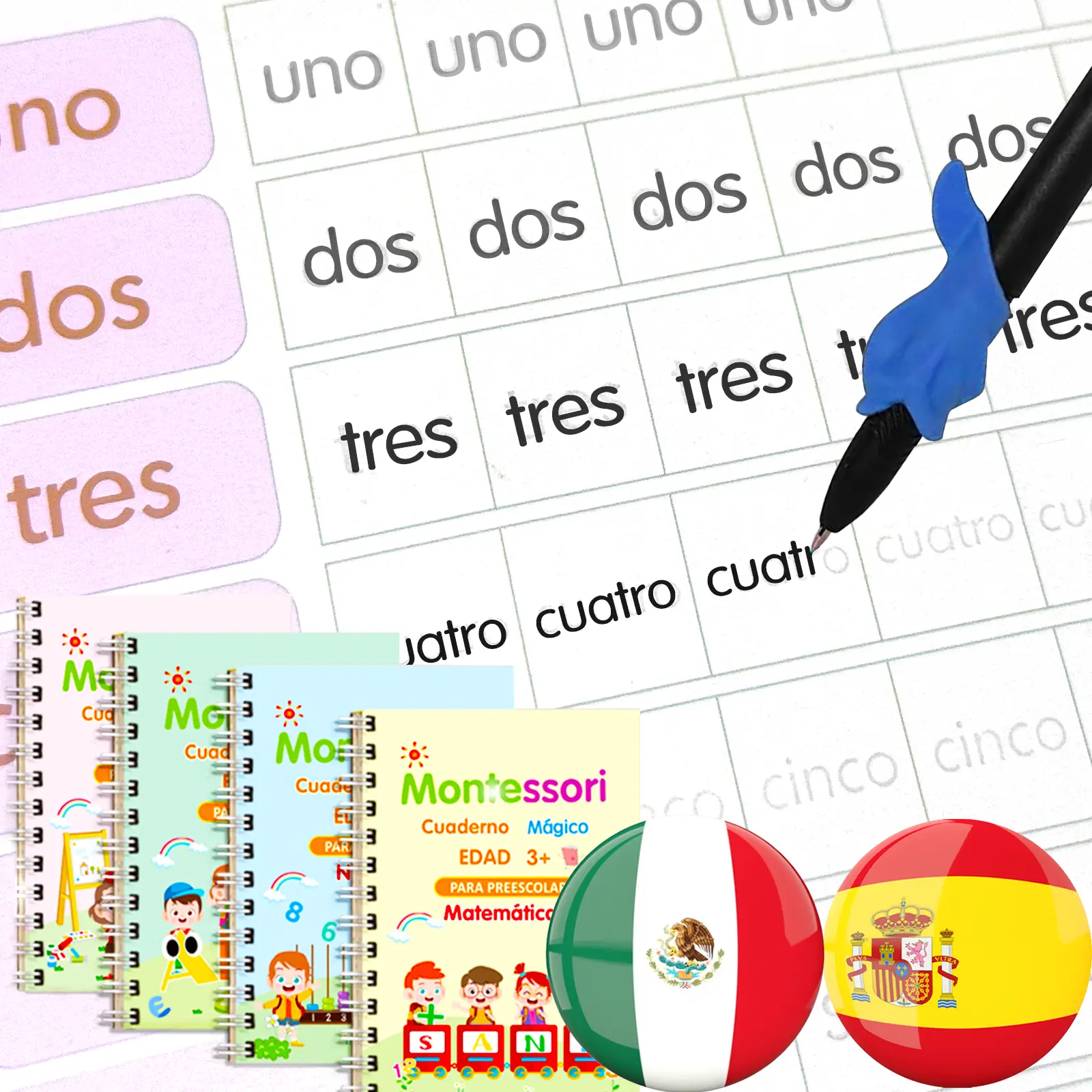 4 Spanish Magic Grooved Writing Practice for Kids - Spanish Pre K Tracing Practice, 4-Theme, Reusable Preschool Handwriting Trace Trek Workbooks, libro magico de escritura para niños en español (Spanish, Small, 4)