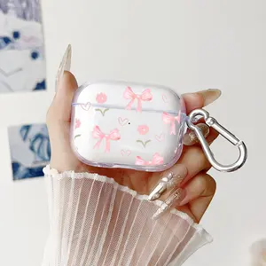 Pink Bow Delight Pattern Protective Case for AirPods 4/3/2/1/Pro/Pro2 Soft TPU Earphone Cover, Transparent with Keychain