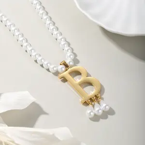 Customized Initial Pendant Luxury Jewelry Pearl Necklace Stainless steel Personalized Letter Charm Big Letter Pendant Her Everyday Choker Waterproof Accessories  Mother's Day Gift For Women
