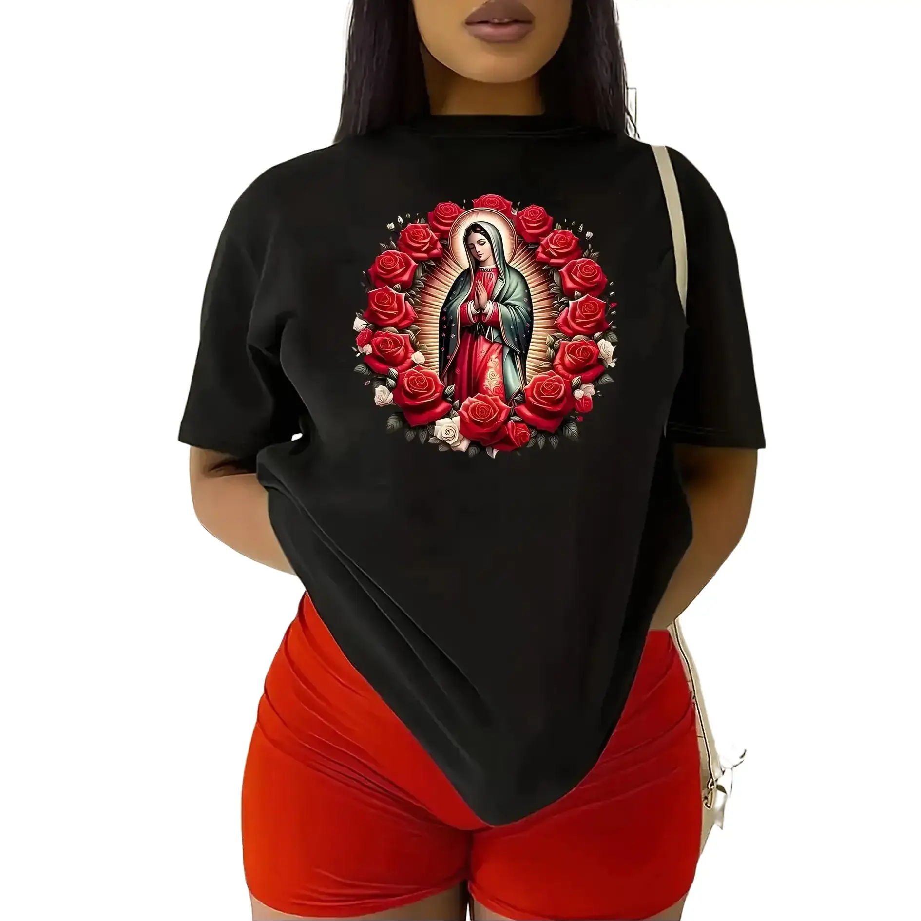Women's Graphic T-Shirt - Our Lady of Guadalupe & Rose Red Preppy Organic Knit Fitted Shortsleeve Top for Church, Women's Clothes (Sports & Outdoor Sports Top), Tshirt, Asymmetrical, Halloween, Scoop Neck, Sporty Chic