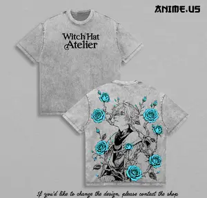 Qifrey Witch Hat Atelier Vintage Washed Anime Tee Oversized Heavyweight Cotton Manga Graphic T-Shirt Fantasy Magic Streetwear Double Sided Unisex