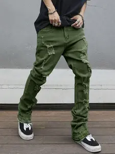 Men's solid color casual fashion stylish streetwear skinny flared jeans, comfortable mid-rise ripped denim pants with buttons, suitable for all seasons and casual street style, ideal for daily wear.