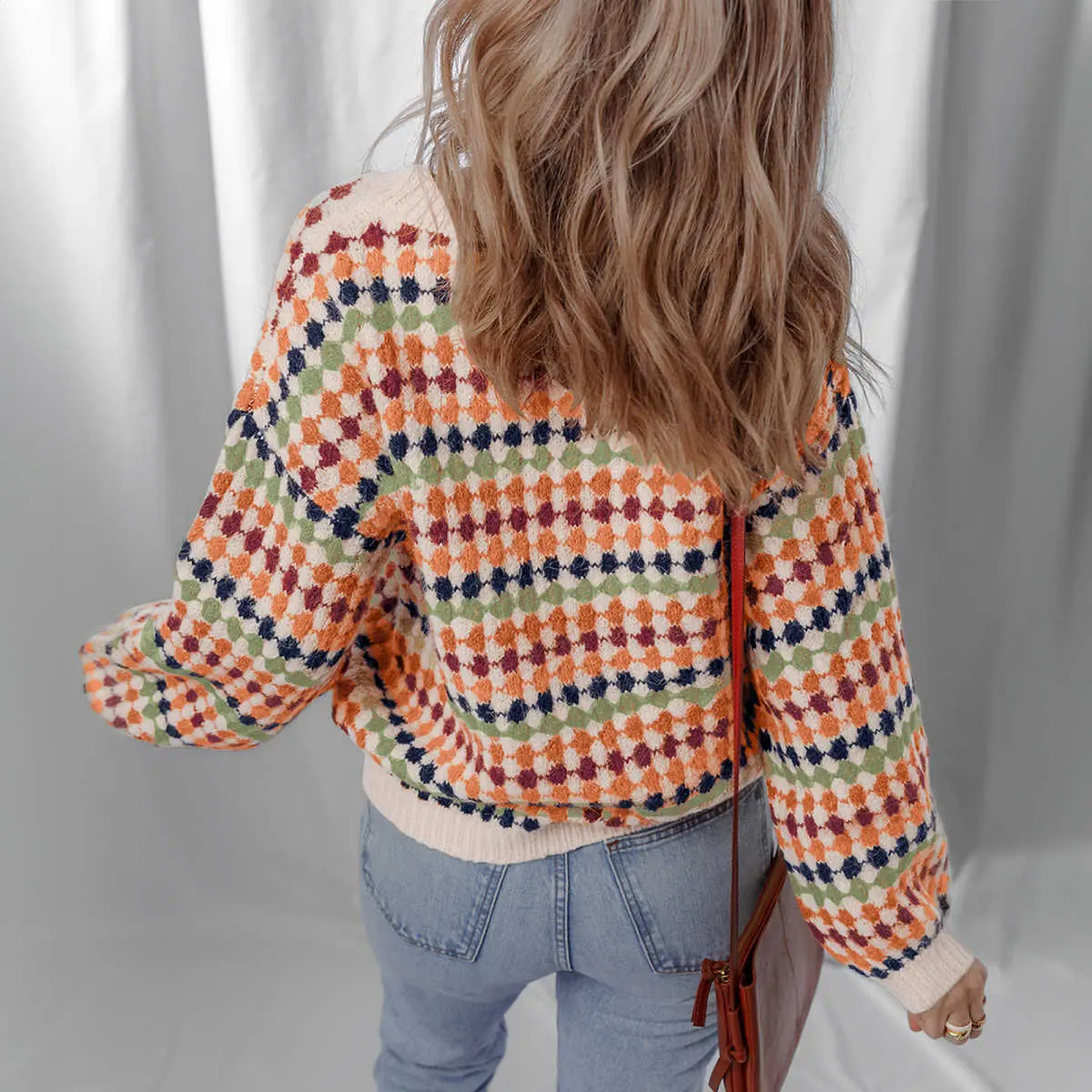 Multicolour Dotty Striped Pattern Knit Drop Shoulder Sweater