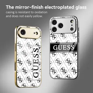 PIKPAKA Hot G-GUESSES Modern Fashion Trend Cool Logo INS Phone Case For IPhone 17 16 15 14 13 12 Pro Max Plus Electroplated Metal Bumper Case Slim Tempered Glass Back Shockproof Anti-Scratch Luxury Case Fashion Durable Stylish