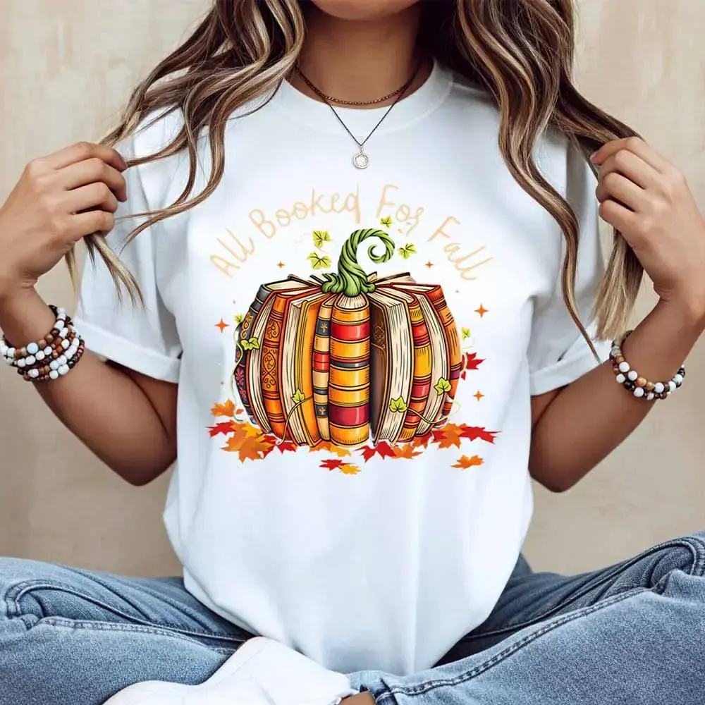 Women's Casual Short-Sleeve Cotton T-Shirt, Halloween & Autumn-Themed "All Booked For Fall" Pumpkin & Book Print, Everyday Style for Pairing with Jeans & Leggings, Cold Wash Design