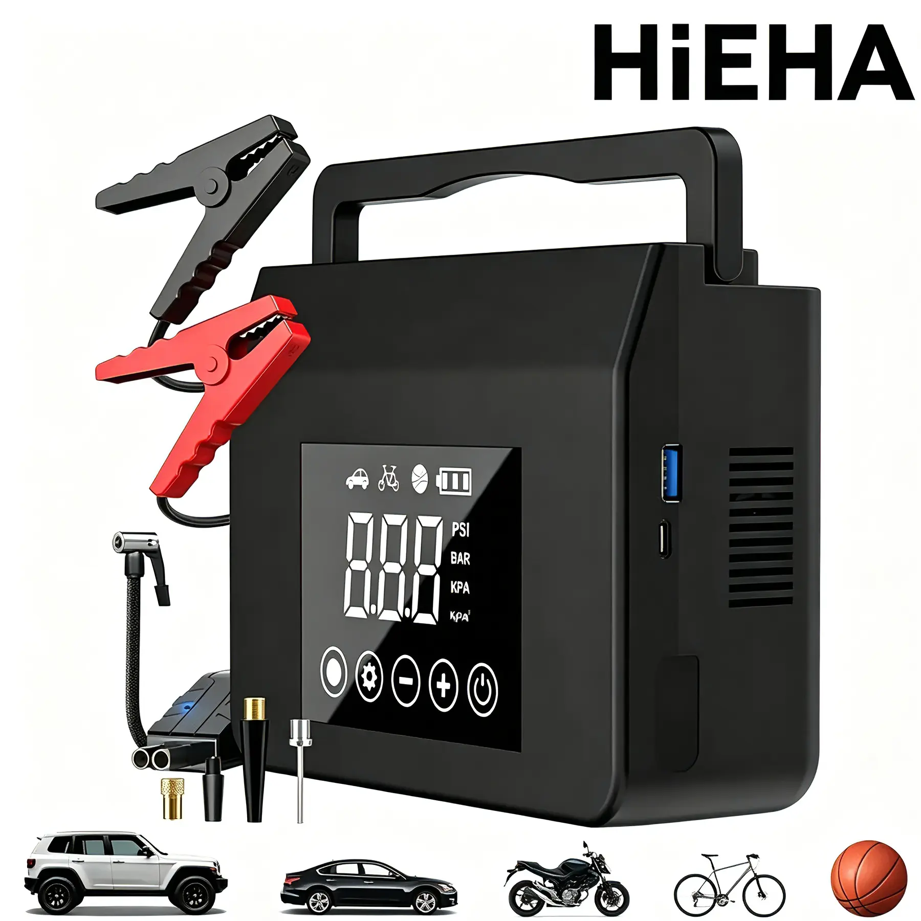 【HIEHA】 Compact Lithium-Ion Multi-Function Car Battery Jump Starter (4000A), 15000mAh Power Bank, 150PSI Tire Air Compressor, 12V Portable Emergency Boost Tool for Cars/Motorcycles with LED Flashlight