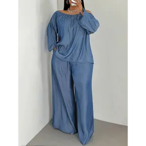 Plus Size Women's Solid Color Off-Shoulder Long Sleeve Top & Wide Leg Pants Casual Loose Two-Piece Set for Spring Summer - Clothes Black Suits