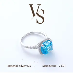[Venus Jewelry] Lab Created Gemstone 7 CCT Giant Aqua Halo Setting Luxury Design Solid Silver 925 Ring