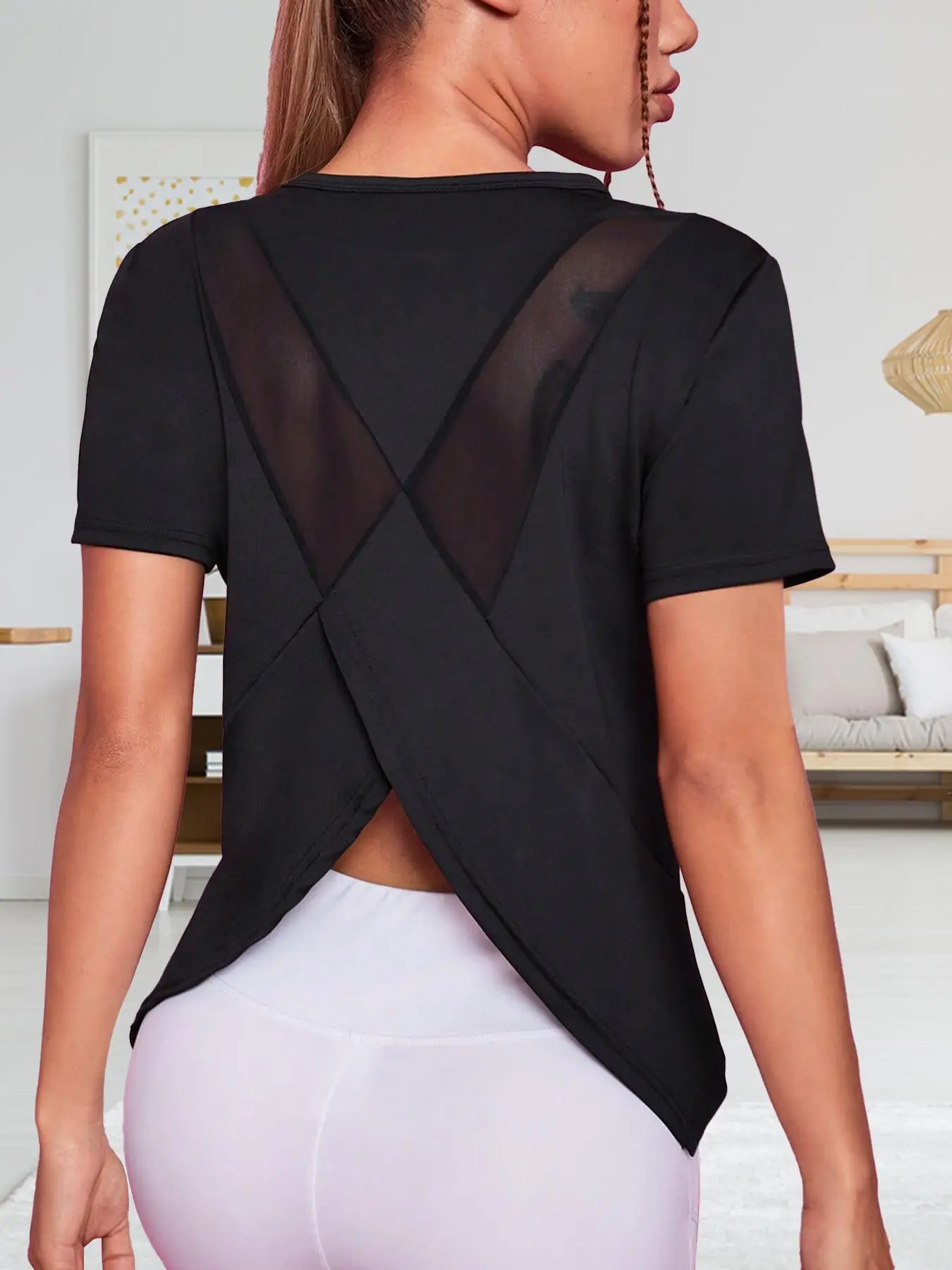 Women's Asymmetrical Contrast Mesh Sports Tee, Summer Clothes Women Breathable Quick Drying Tee Shirts for Workout Running, Summer Outfits, Gym Tops