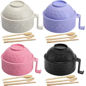 4 Sets Microwave Ramen Cooker Set 33 oz Quick Ramen Bowl Set Microwave Noodle Cooker with Handle Noodle Bowl with Spoon Chopsticks Fork College Dorm Room(Black, Beige, Pink, Purple) Cutlery Oven Tableware Bamboo