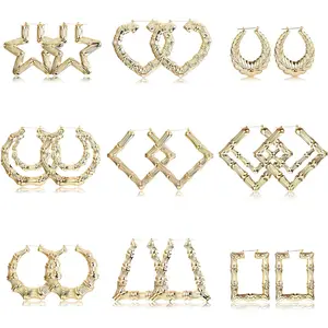 FLORIDECO 9 Pairs Large Bamboo Hoop Earring Set for Women 80s/90s Hip Hop Oversized Hollow Geometric Statement Bamboo Earrings Party Costume Accessory Jewelry Daily Earcuff