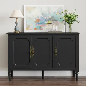 Royalcraft Storage Cabinet with 3 Doors, Mid-Century Sideboard Cabinet with Adjustable Shelves, Wood Buffet Cabinet with Turned Legs, Accent Cabinet for Entryway, Living Room, Dining Room, Black