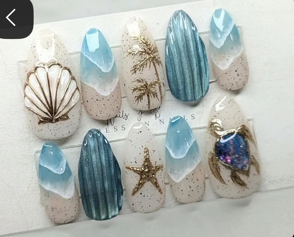 Ocean Treasure Press On Nails | Handmade 3D Seashell Starfish Sea Turtle Nails | Gold Accent Mermaid Beach Nails | Reusable Luxury Nail Box with Gift Set (Adhesive Tabs, Nail File, Cuticle Stick)