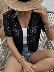 Women's Summer Crochet Knit Short Sleeve V-Neck Button Hollow Out Sweater Top, Casual Everyday Bohemian Elegance Hollow Out Knitted Cardigan, Knitwear, Womenswear, Knitting