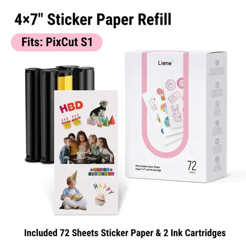 Liene PixCut S1 Dye Sublimation Refill Pack - Dye Subl. 4x7 Inches Sticker Paper (Enhanced Adhesion), 2 Ink Cartridges, 72 Sheets Photo Paper, Waterproof, Cost-Effective Craft Supplies for Adults, Prints (PixCut S1-Only Compatible)