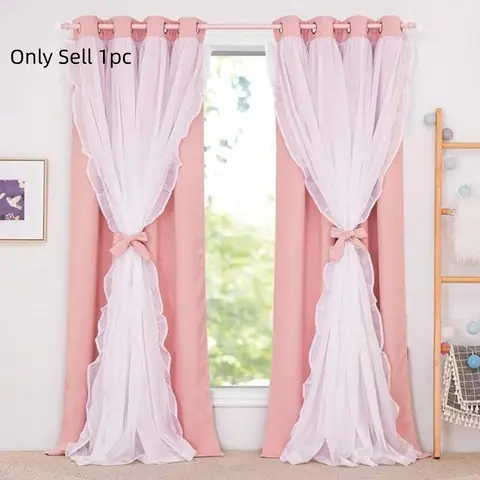 1pc Romantic Ruffled Blackout Upgrade Curtain, Window Curtain, Elegant French Style Drapes, Dual Layer Coverage, Home Decor, Living Room & Porch Decoration, Curtain For Windows, Blackout Curtains