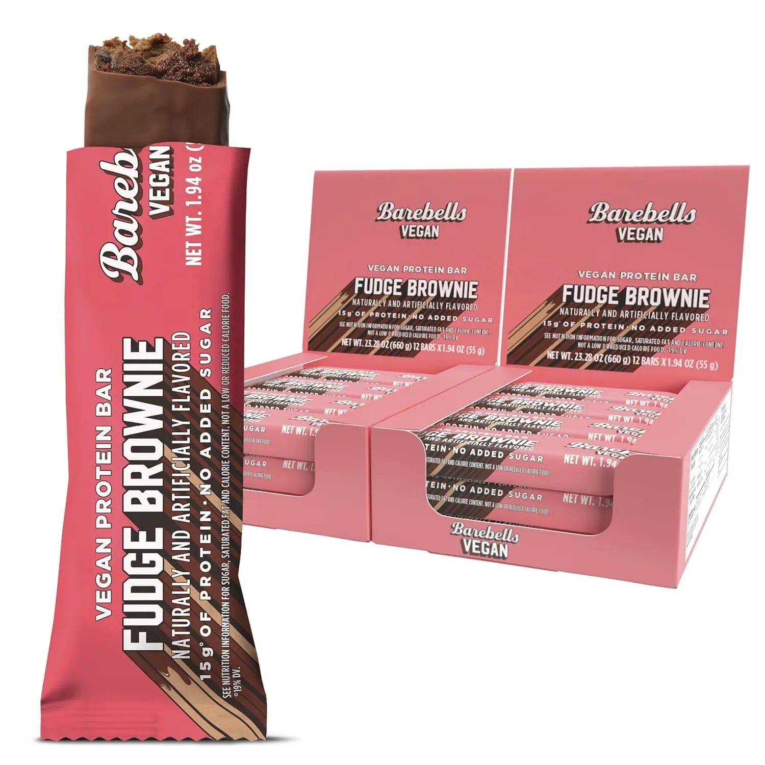 Barebells Vegan Protein Bars Fudge Brownie, Plant Based with High Protein - Chocolate Protein Bars - Perfect on The Go Protein Snack & Breakfast Bars 12Count (Pack of 2)
