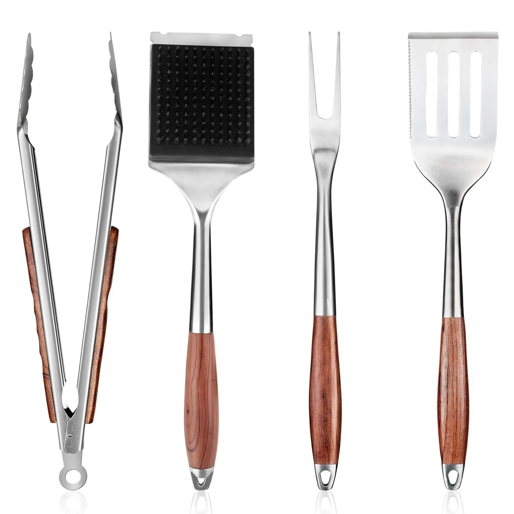 Garvee 4-Piece Sturdy Stainless Steel BBQ Tools Set - Slotted Edge Meat Grill Spatula, Fork, Grill Brush, Tongs with Rosewood Handles, Heat Resistant Outdoor Kitchen Utensils for Camping, Tailgating