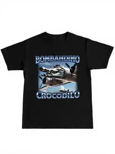 Summer Vintage Jet Crocodile Print Short Sleeve T-Shirt, Unisex Military Style Casual Top, Youth Adult Fashion Clothing