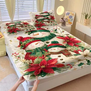 3-Piece Christmas Themed Printed Bedding Set, Snowman Christmas Tree Pattern Fitted Sheet Set, Christmas Gift Soft and Comfortable Skin Friendly, Christmas Decoration Happy New Year, Including 1 Fitted Sheet and 2 Pillowcases