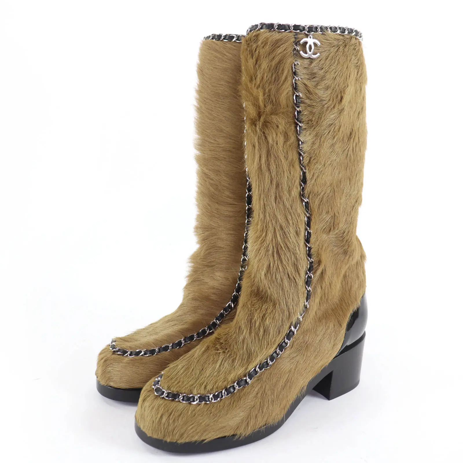 Pre-owned CHANEL Patent Leather Small Leather Goods Coco Charm Fur Knee high Boots