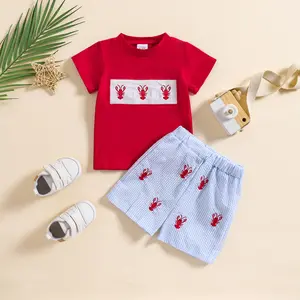 Toddler Little Boy Shorts Set Seafood Embroidered Short Sleeve T-shirts Plaid Elastic Waist Shorts Summer Clothes