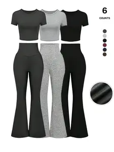 Women's 2-Piece Matching Elastic Lounge Set, Short Sleeve Crop Top & High-Waisted Flare Leg Pants, Kardashian Style, All-Season Wear 2026