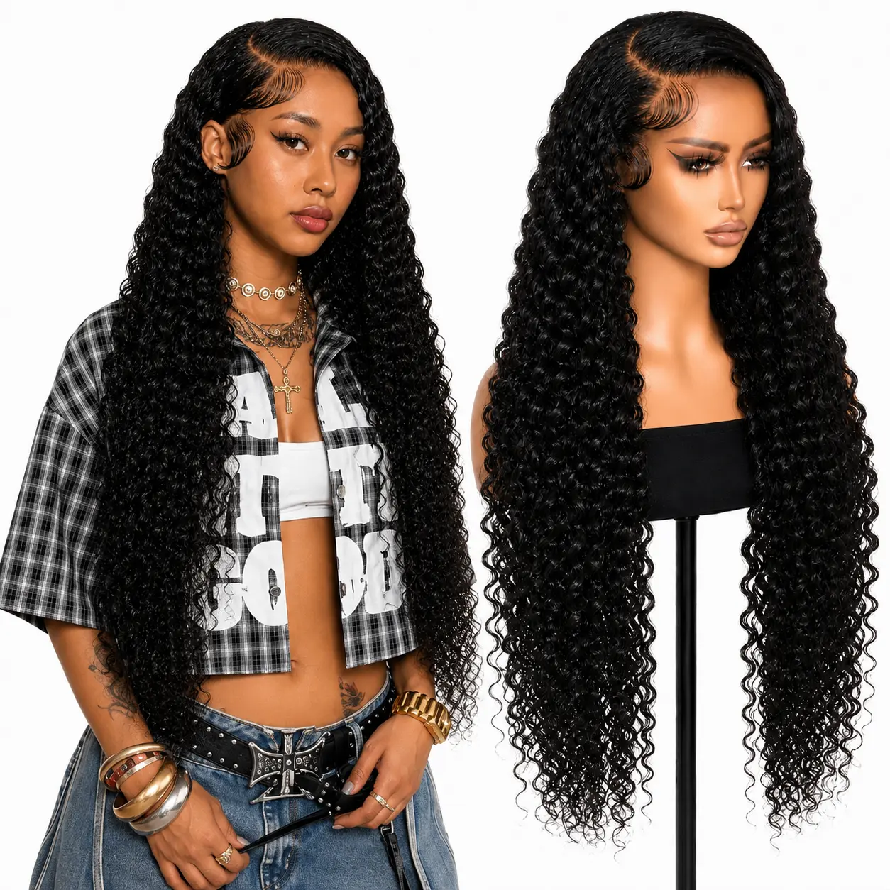 [LIVE SALE] Deep Wave Human Hair Wig for Black Women, 13x4 HD Lace Front Wig, Pre-Plucked Natural Hairline with Baby Hair, Soft Full Deep Curly Wig, 4/27 Highlight, 99J Burgundy & Natural Black, Daily Party Wear