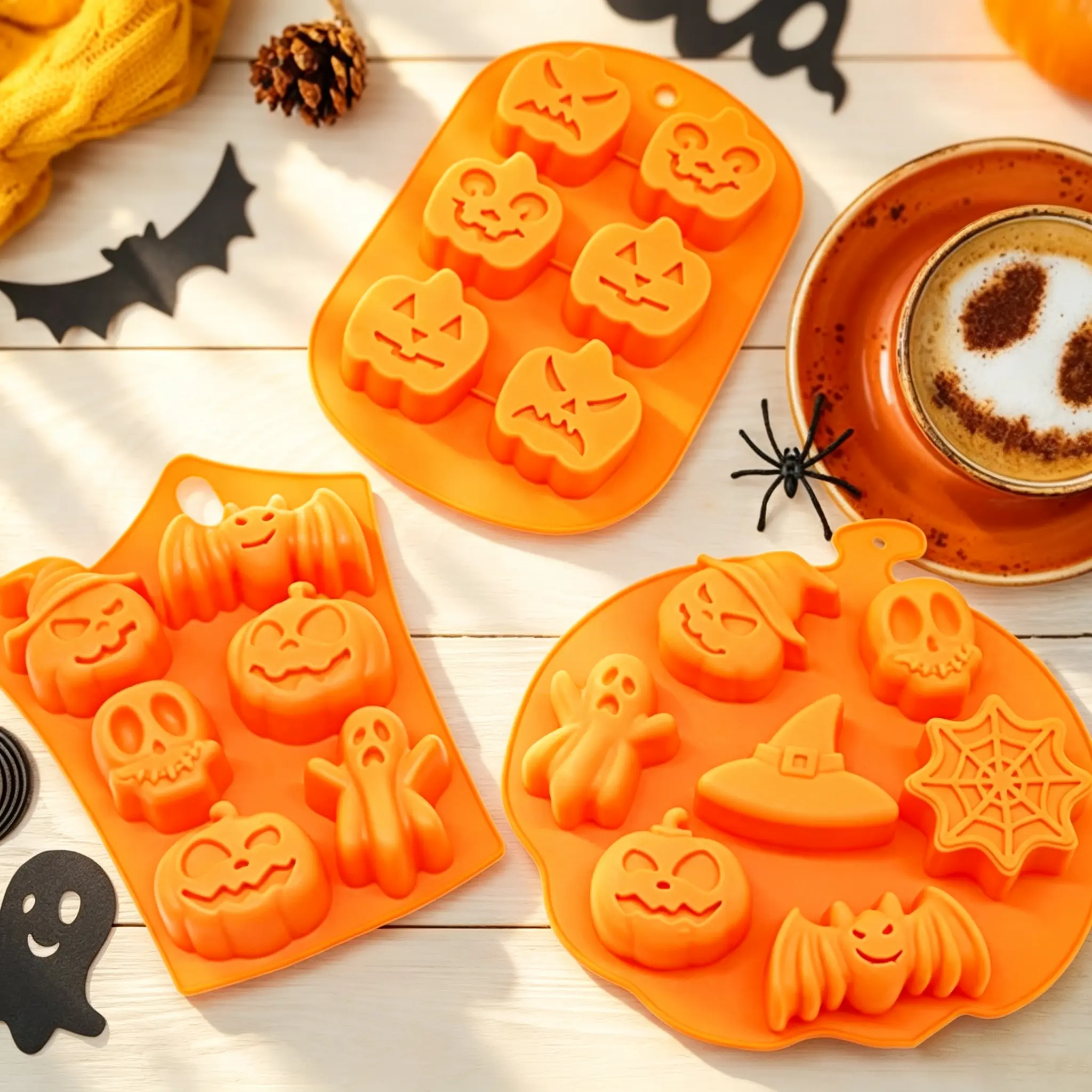 Halloween Silicone Baking Molds Pumpkin Ghost Bat Witch Hat Spider Web Candy Chocolate Mould Non-stick Cake Cookie Molds for DIY Halloween Party Dessert