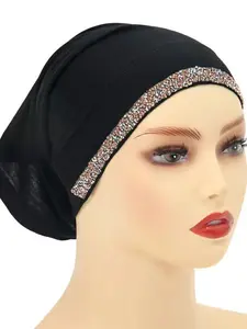 Elegant Muslim Women's Base Cap Hijab Turban with Rhinestones, Breathable Loose-Fit Boho Style, Ideal for Prayer, Family Gatherings, Casual Outings