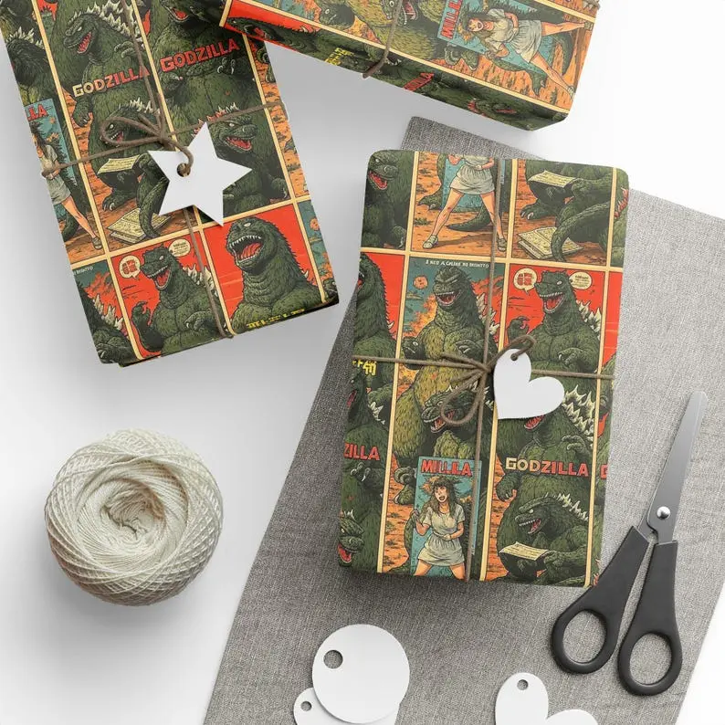 Vintage Monster Comic Strip Wrapping Paper  Repeating Retro Horror Panels