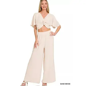 Zenana Woven Airflow Twisted Top & Wide Leg Pants Set