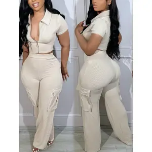 ELEGANT APPAREL CO. Cross-border European and American Women'S Solid Color Fashion Casual Zipper Short-Sleeve Top and Pants Set| Versatile All-Season Outfit