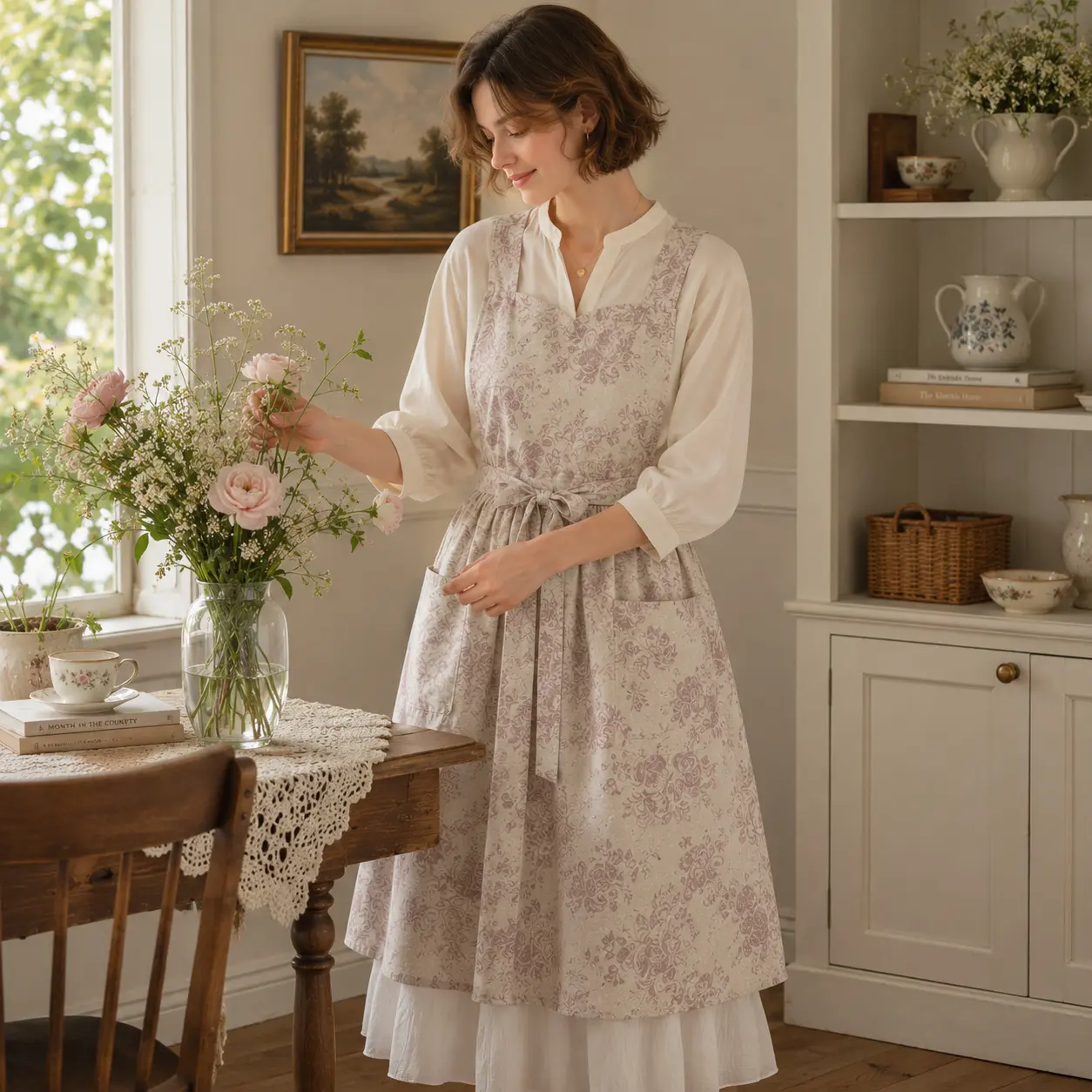 Waterproof Vintage Floral Apron Dress with Pockets, Linen Blend Cottagecore Kitchen Apron for Cooking, Baking, Gardening, Florist & Home