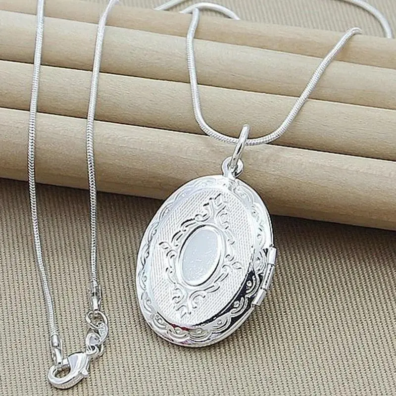 925 Sterling Silver Oval Round Photo Frame Pendant Necklace with 18-20/28-30 Inch Snake Chain, Plain Wedding Gift Jewelry for Women