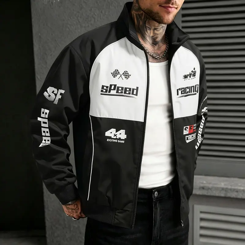 Men’s color-block racing jacket, vintage motorcycle print stand-collar zip baseball jacket, racing-style letter print loose casual outerwear, Y2K street-style motorcycle riding jacket, suitable for everyday streetwear in spring and autumn.