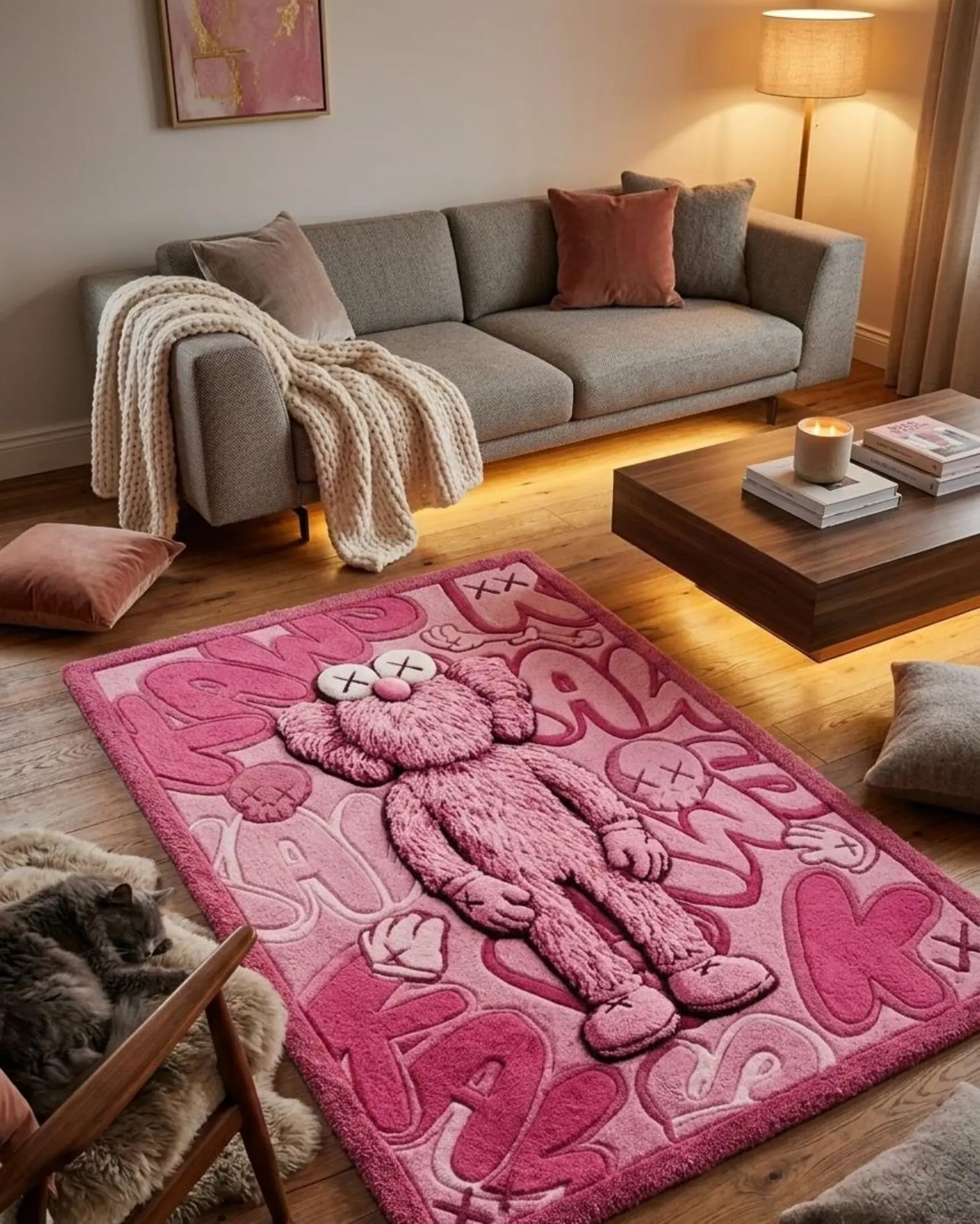 Hand-Tufted Wool Area Rug, KAWS-Inspired Pink Abstract Pop Art Rug, Luxury Hypebeast Home Decor